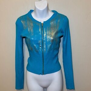 Cache Turquoise Zip-Front Jacket with Gold Foil Accents